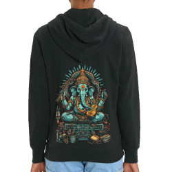 Sweat femme zippé à capuche coton bio noir Musical Ganesh (Ethnique,Animaux)