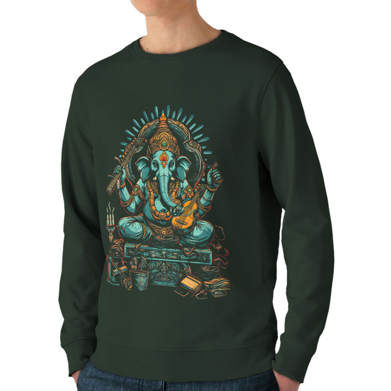 Sweat homme bio col rond vert foncé Musical Ganesh (Ethnique,Animaux)