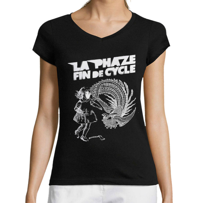 T-shirt femme col V noir Fin de cycle (La Phaze)
