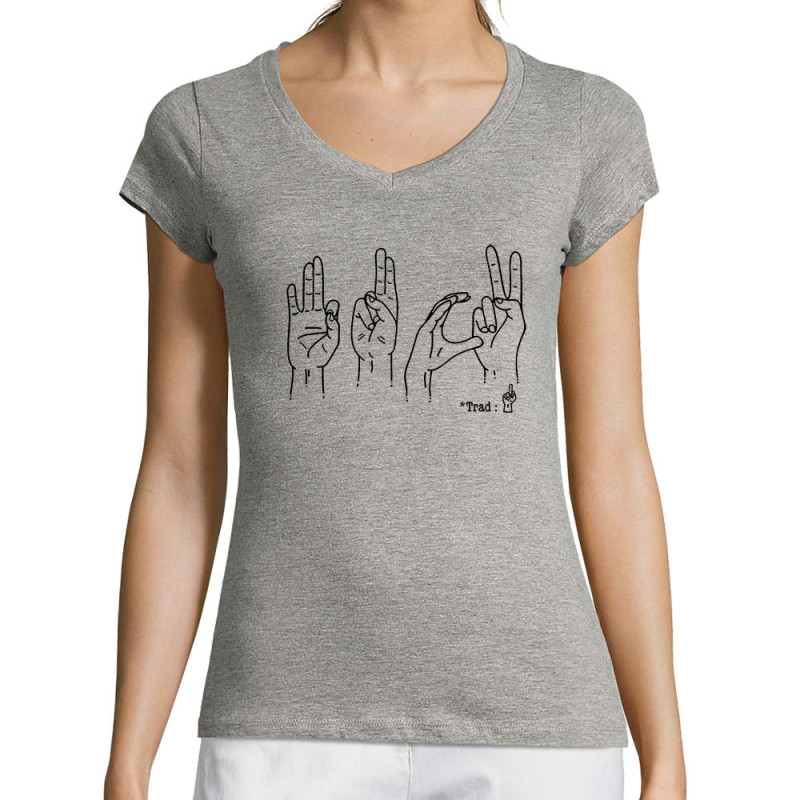 T-shirt femme col V gris chiné Fuck langage des signes (Gondrax,Humour,Slogans Débiles,Devoirs de vacances)