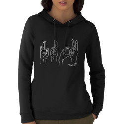 Sweat femme à capuche coton bio noir Fuck langage des signes (Gondrax,Humour,Slogans Débiles,Devoirs de vacances)