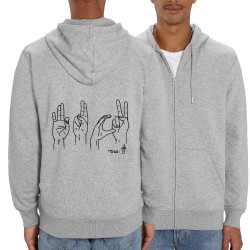 Sweat homme zippé à capuche coton bio gris chiné Fuck langage des signes (Gondrax,Humour,Slogans Débiles,Devoirs de vacances)