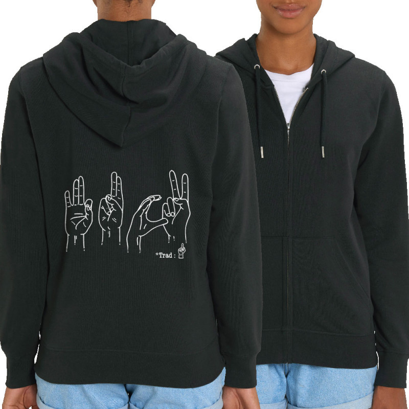 Sweat femme zippé à capuche coton bio noir Fuck langage des signes (Gondrax,Humour,Slogans Débiles,Devoirs de vacances)