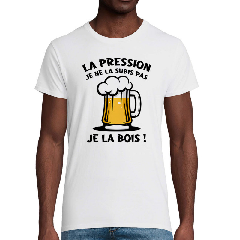 T-shirt homme coton bio blanc La pression (Gondrax,Alcool)