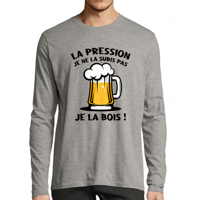 T-shirt homme manches longues gris chiné La pression (Gondrax,Alcool)