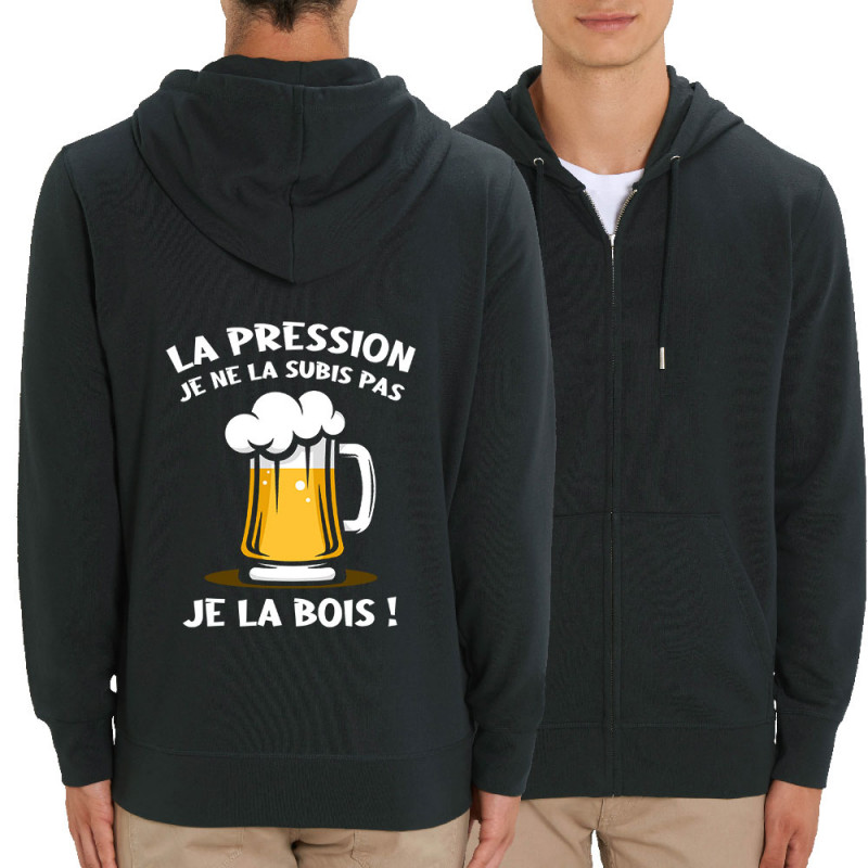 Sweat homme zippé à capuche coton bio noir La pression (Gondrax,Alcool)