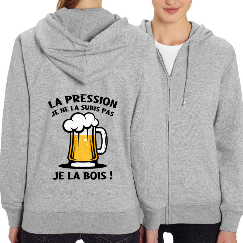 Sweat femme zippé à capuche coton bio gris chiné La pression (Gondrax,Alcool)