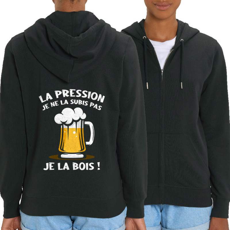 Sweat femme zippé à capuche coton bio noir La pression (Gondrax,Alcool)
