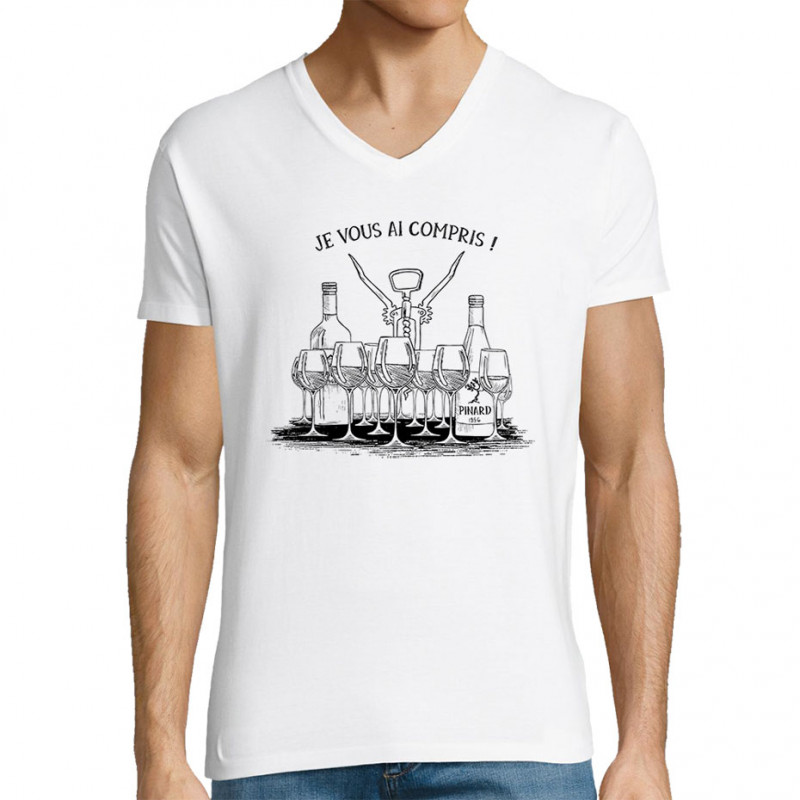 T-shirt homme col V blanc Je vous ai compris pinard (Gondrax,Alcool,Humour)