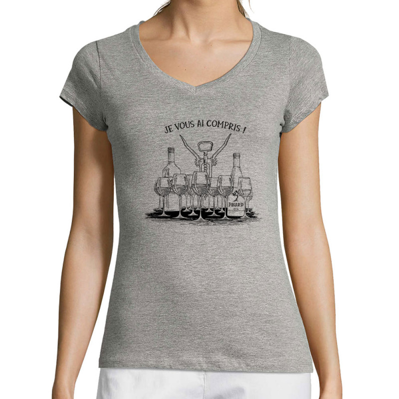 T-shirt femme col V gris chiné Je vous ai compris pinard (Gondrax,Alcool,Humour)