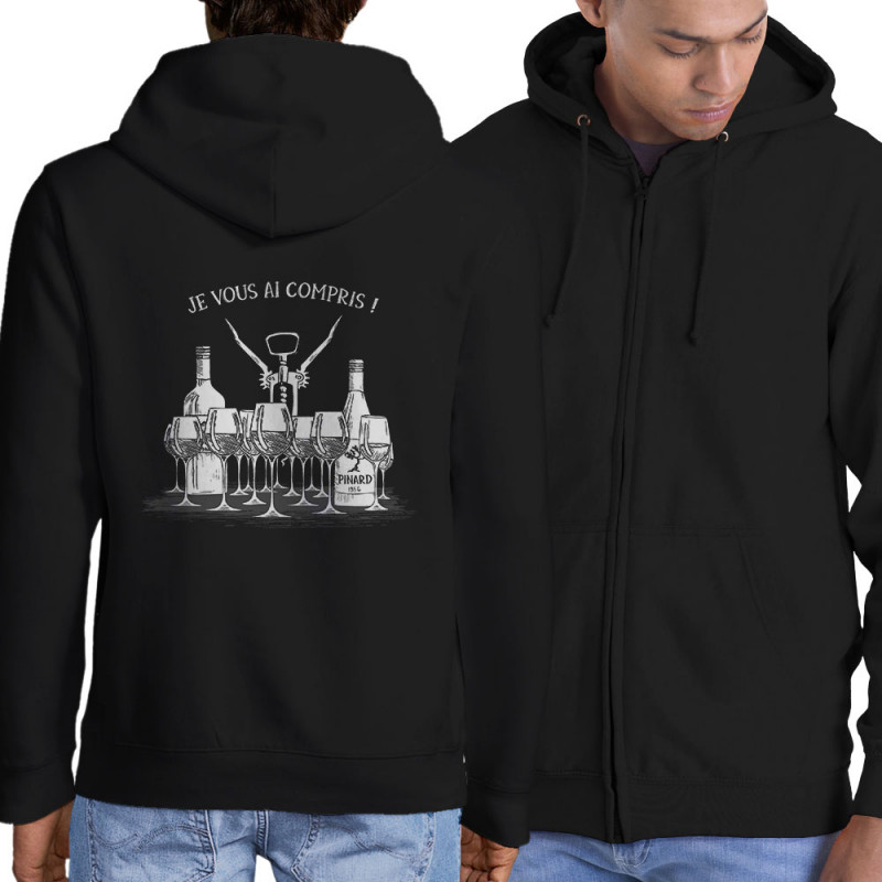 Sweat homme à capuche zippé noir Je vous ai compris pinard (Gondrax,Alcool,Humour)