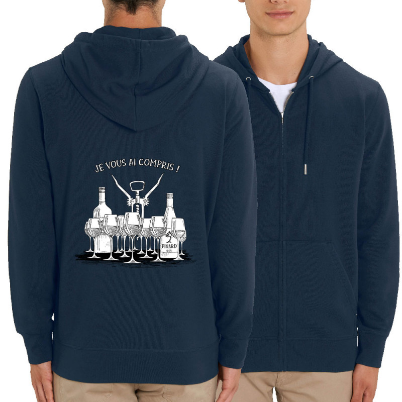 Sweat homme zippé à capuche coton bio bleu marine Je vous ai compris pinard (Gondrax,Alcool,Humour)