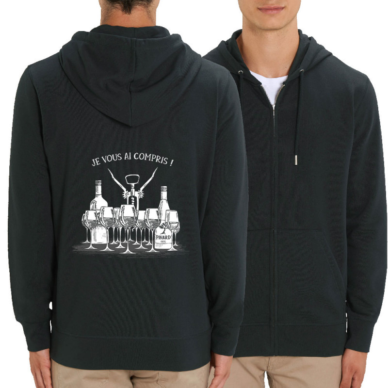 Sweat homme zippé à capuche coton bio noir Je vous ai compris pinard (Gondrax,Alcool,Humour)