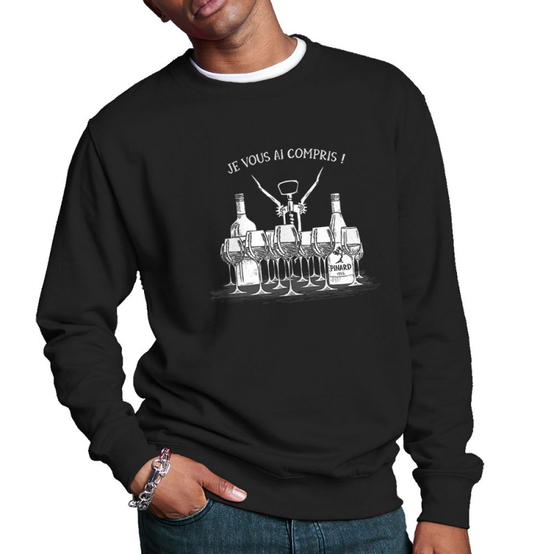 Sweat homme col rond noir Je vous ai compris pinard (Gondrax,Alcool,Humour)