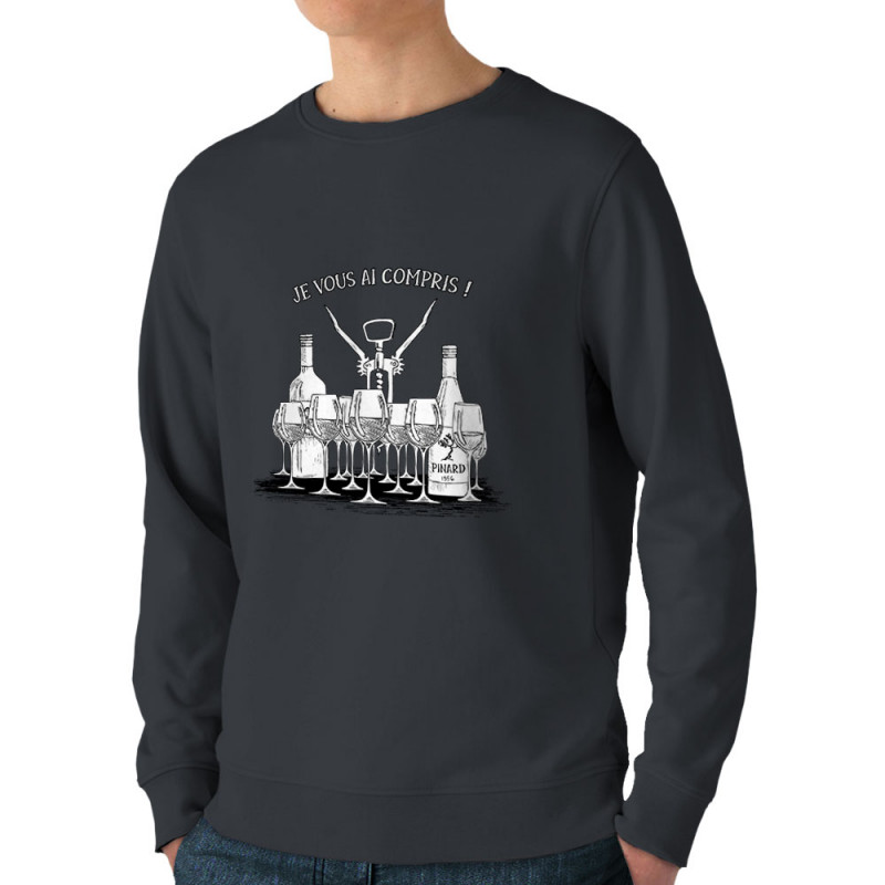 Sweat homme bio col rond gris anthracite Je vous ai compris pinard (Gondrax,Alcool,Humour)