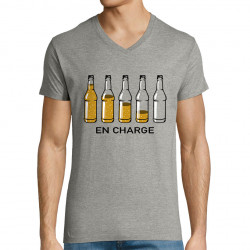 T-shirt homme col V gris chiné En charge bières (Gondrax,Alcool,Humour)