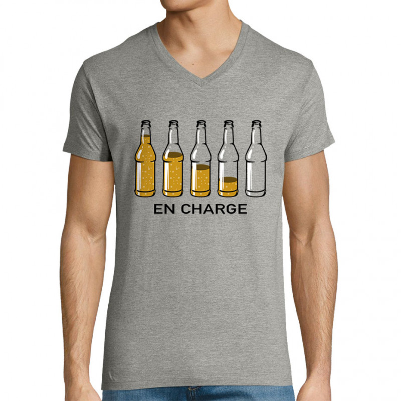 T-shirt homme col V gris chiné En charge bières (Gondrax,Alcool,Humour)