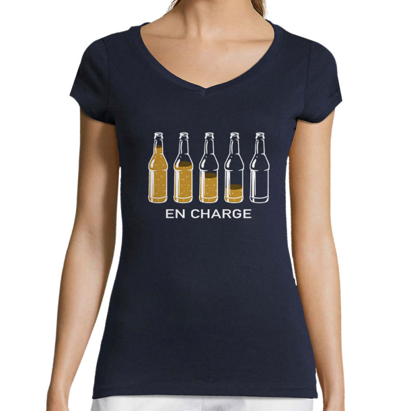 T-shirt femme col V bleu marine En charge bières (Gondrax,Alcool,Humour)