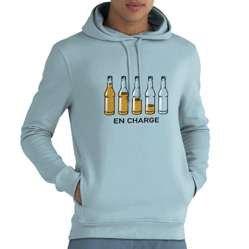 Sweat homme à capuche coton bio bleu ciel En charge bières (Gondrax,Alcool,Humour)