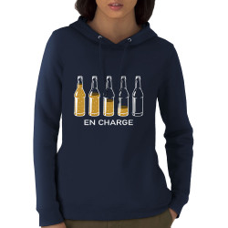 Sweat femme à capuche coton bio bleu marine En charge bières (Gondrax,Alcool,Humour)