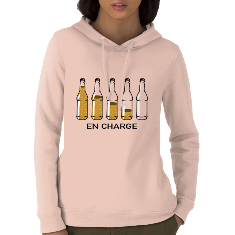 Sweat femme à capuche coton bio rose clair En charge bières (Gondrax,Alcool,Humour)