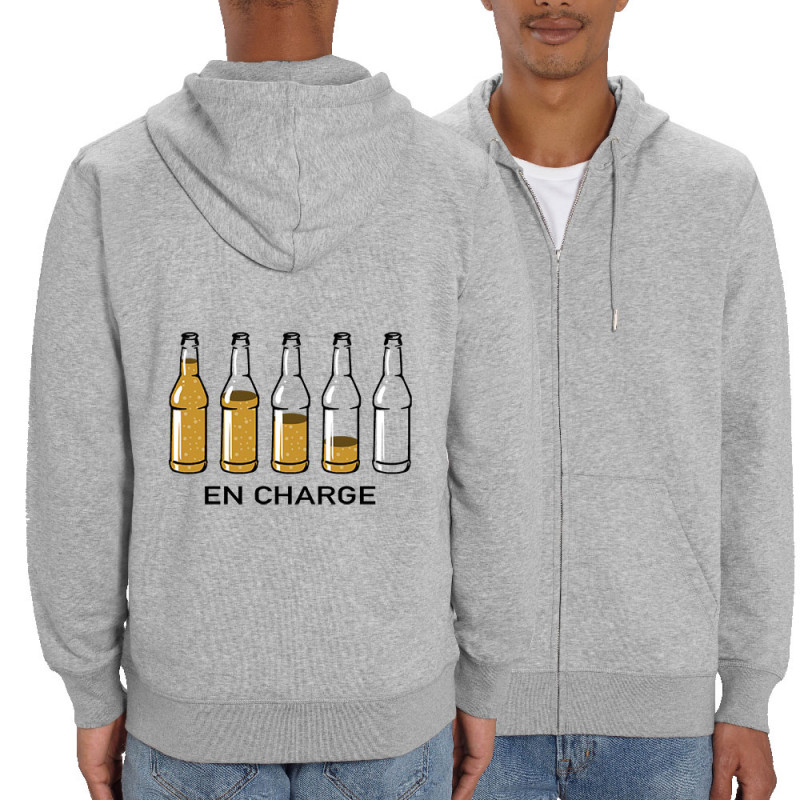 Sweat homme zippé à capuche coton bio gris chiné En charge bières (Gondrax,Alcool,Humour)