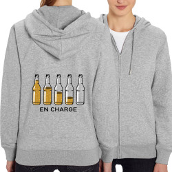 Sweat femme zippé à capuche coton bio gris chiné En charge bières (Gondrax,Alcool,Humour)