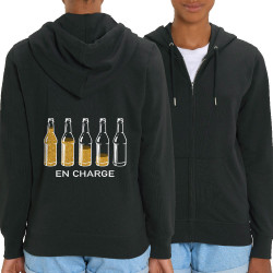 Sweat femme zippé à capuche coton bio noir En charge bières (Gondrax,Alcool,Humour)
