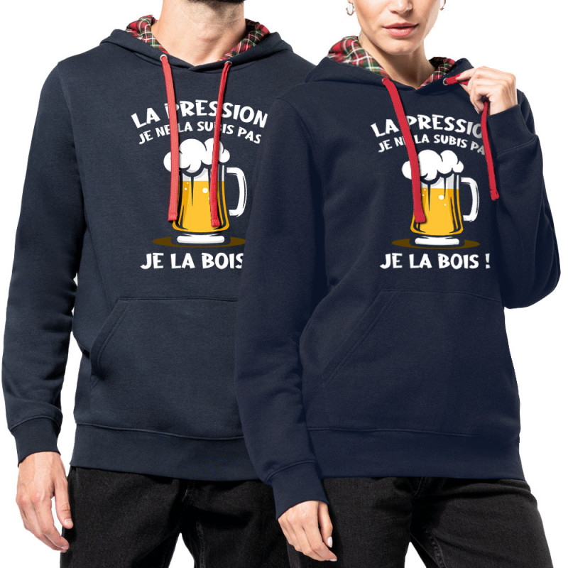 Sweat capuche à motifs unisexe bleu marine et rouge tartan La pression (Gondrax,Alcool)