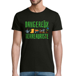 T-shirt homme coton bio noir Dangereux terreauriste (Andy,Humour)