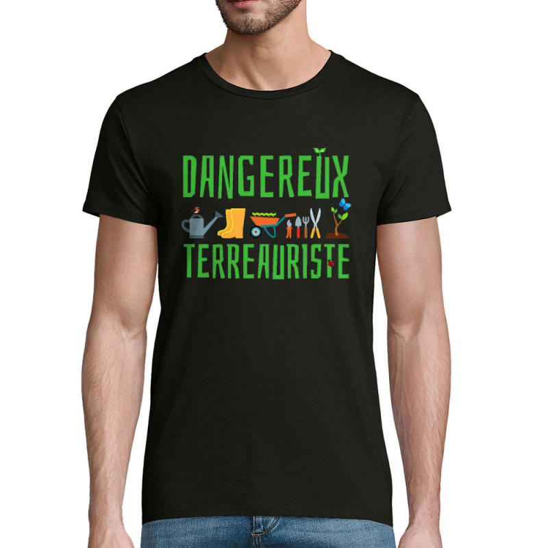 T-shirt homme coton bio noir Dangereux terreauriste (Andy,Humour)