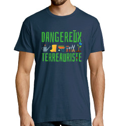 Tee-shirt homme bleu denim Dangereux terreauriste (Andy,Humour)