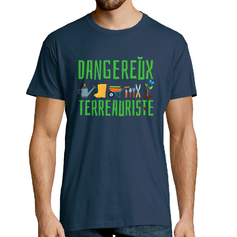 Tee-shirt homme bleu denim Dangereux terreauriste (Andy,Humour)
