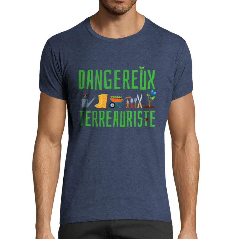 T-shirt homme fit bleu denim chiné Dangereux terreauriste (Andy,Humour)