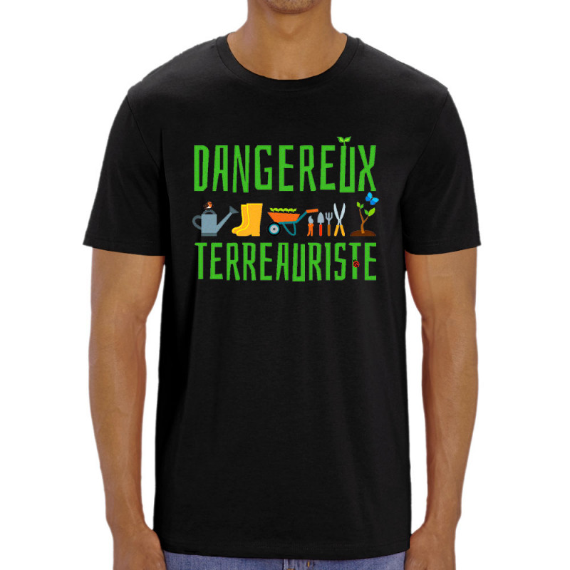 T-shirt homme coton bio noir Dangereux terreauriste (Andy,Humour)