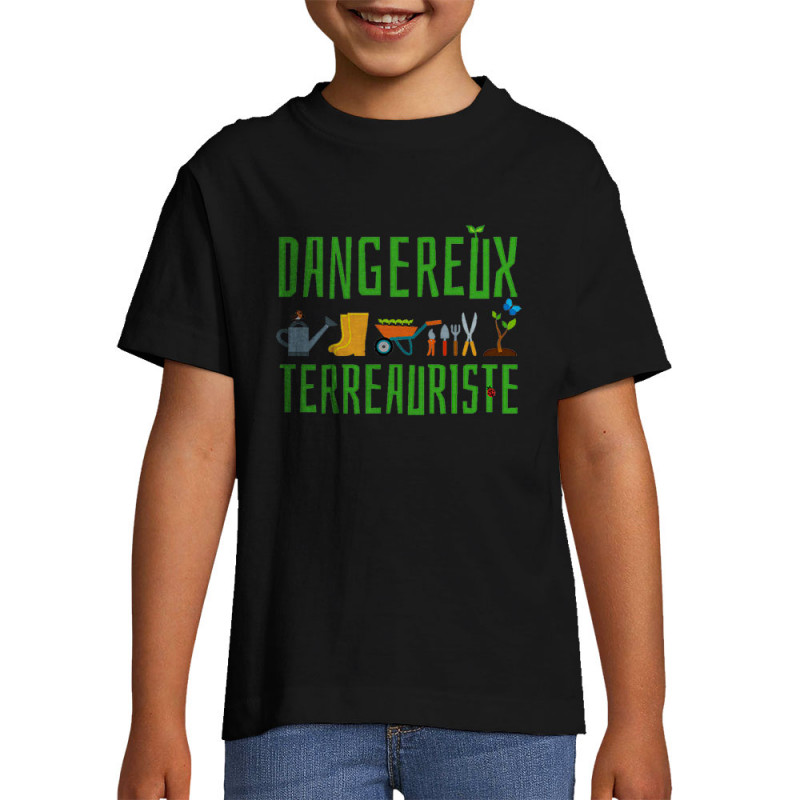 T-shirt enfant noir Dangereux terreauriste (Andy,Humour)