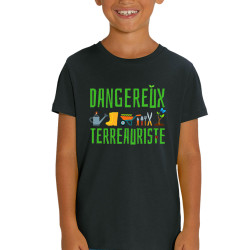 T-shirt enfant coton bio noir Dangereux terreauriste (Andy,Humour)