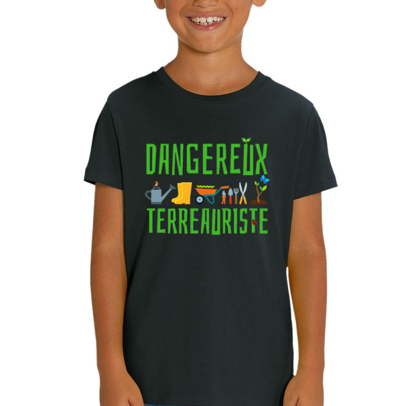 T-shirt enfant coton bio noir Dangereux terreauriste (Andy,Humour)
