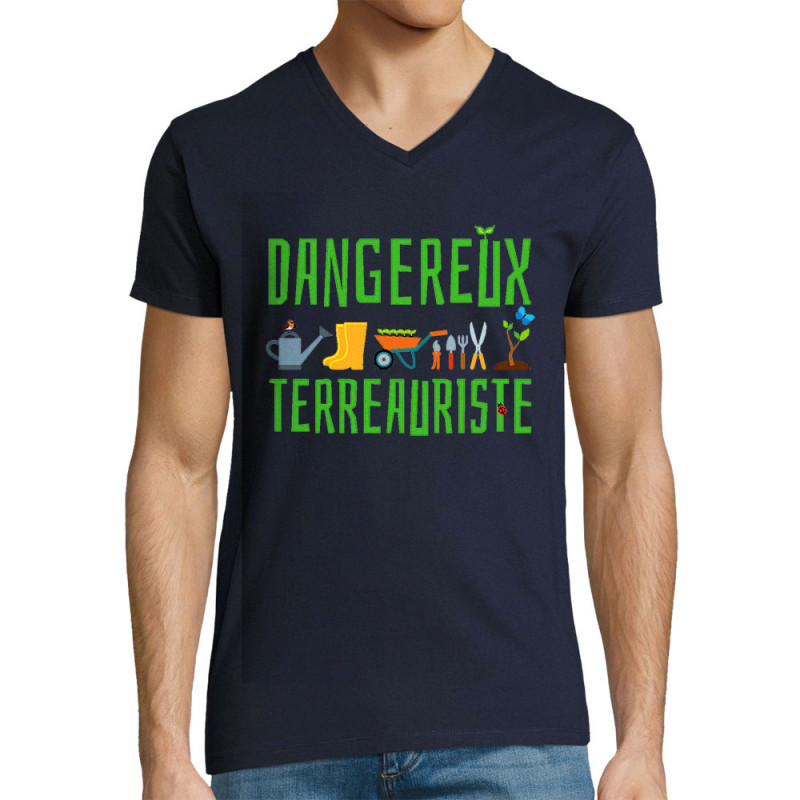 T-shirt homme col V bleu marine Dangereux terreauriste (Andy,Humour)
