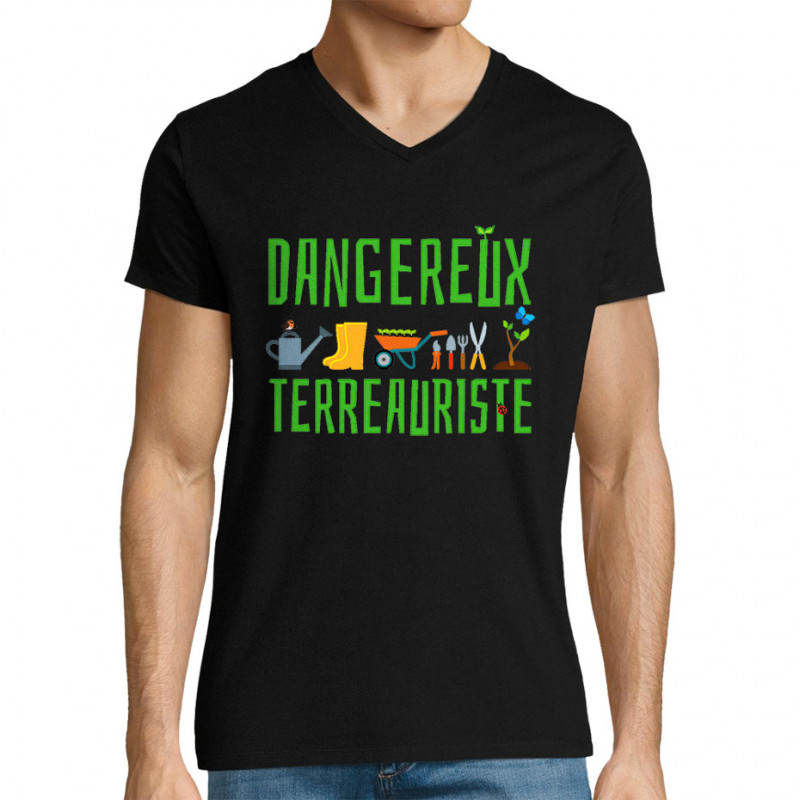 T-shirt homme col V noir Dangereux terreauriste (Andy,Humour)
