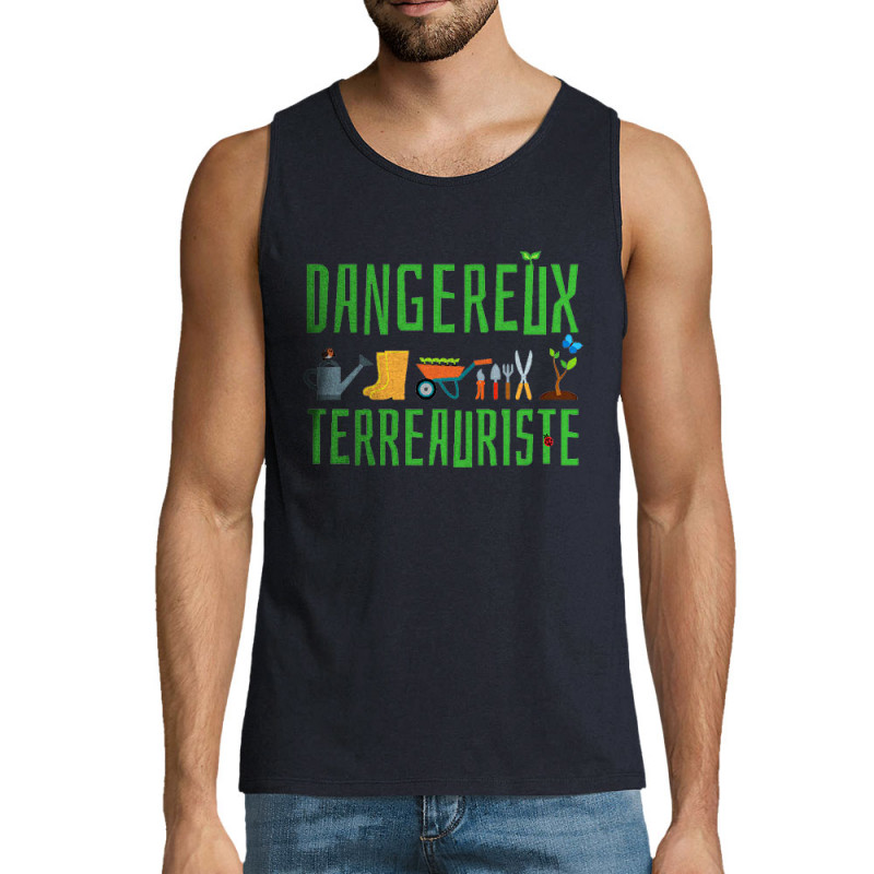 Débardeur homme bleu marine Dangereux terreauriste (Andy,Humour)