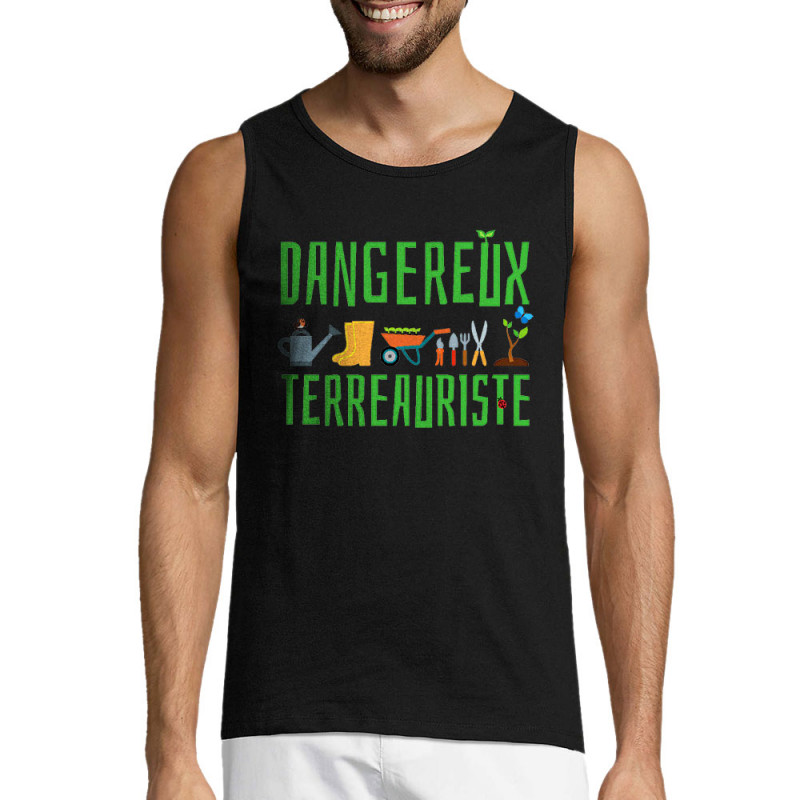 Débardeur homme noir Dangereux terreauriste (Andy,Humour)