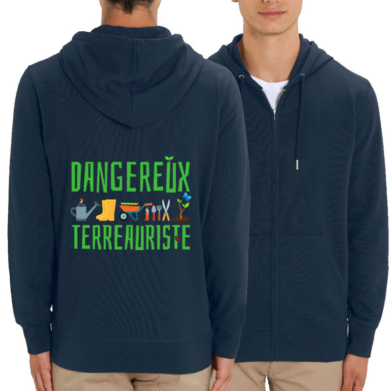 Sweat homme zippé à capuche coton bio bleu marine Dangereux terreauriste (Andy,Humour)