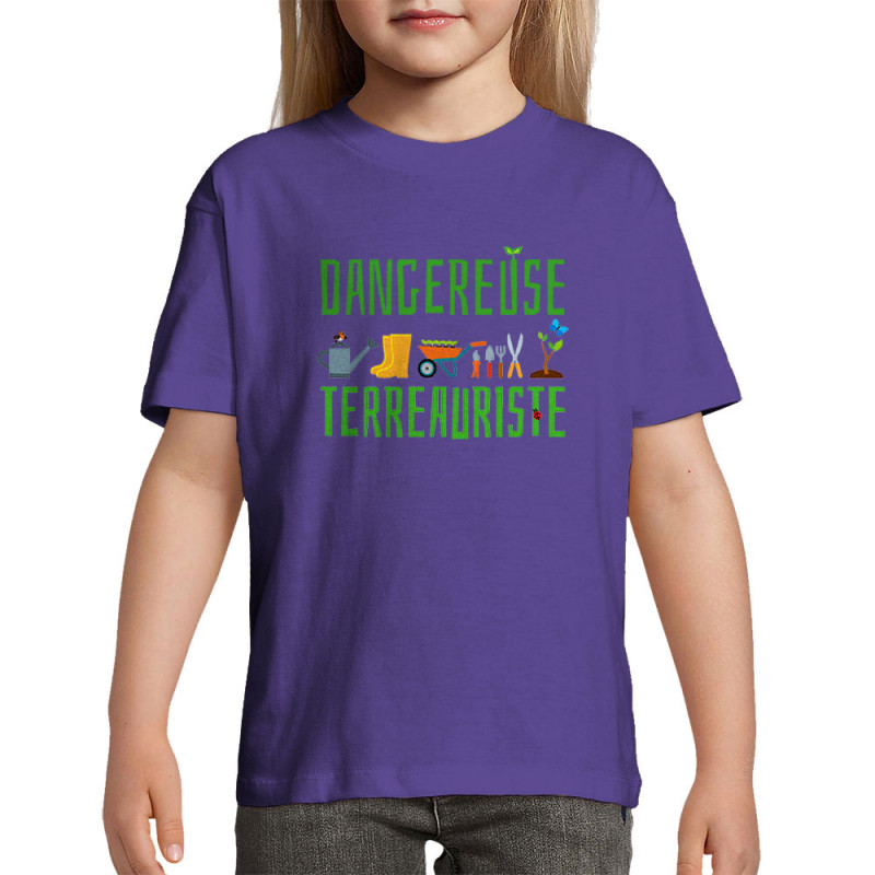 T-shirt enfant violet foncé Dangereuse terreauriste (Andy,Humour)