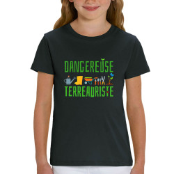 T-shirt enfant coton bio noir Dangereuse terreauriste (Andy,Humour)