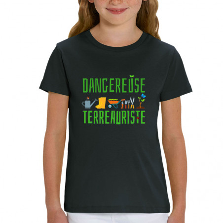 T-shirt enfant coton bio noir Dangereuse terreauriste (Andy,Humour)
