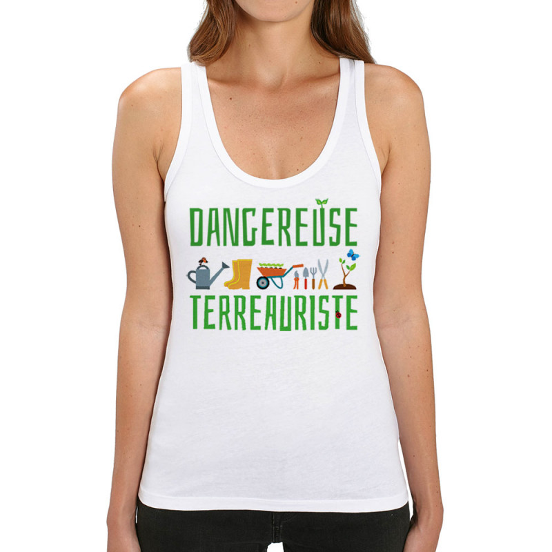 Débardeur femme coton bio blanc Dangereuse terreauriste (Andy,Humour)