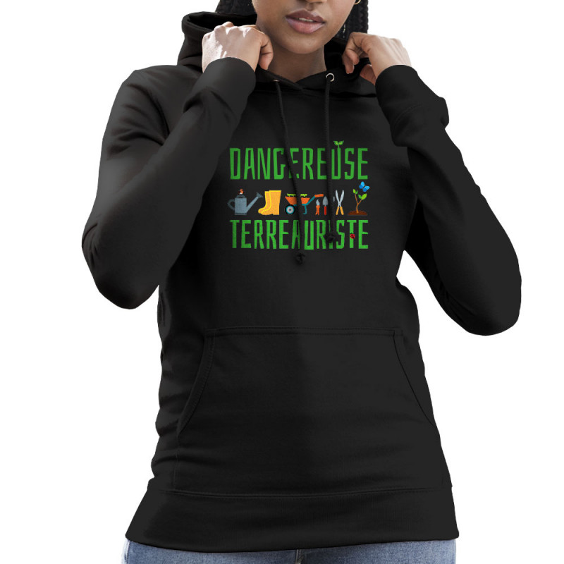 Sweat femme à capuche noir Dangereuse terreauriste (Andy,Humour)