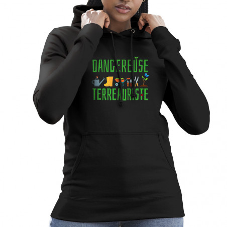 Sweat femme à capuche noir Dangereuse terreauriste (Andy,Humour)
