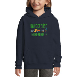 Sweat enfant à capuche bleu marine Dangereuse terreauriste (Andy,Humour)